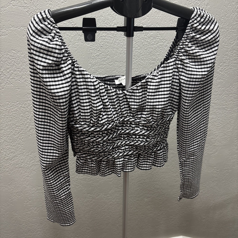 TOPSHOP Shirred  Gingham Tea Print Top Sz 10 Women Blouse Crop NWT Long Sleeve